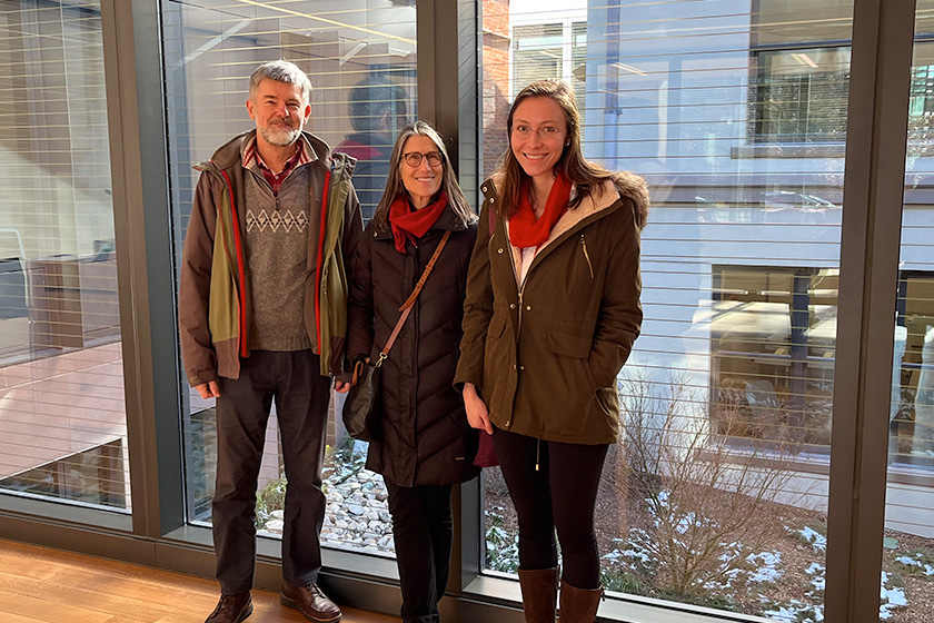 A photo of members of the Yale Bird Friendly Building Initiative standing in front of bird-safe fritted glass