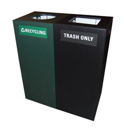 two waste bins side-by-side. The bin on the left is green and labeled &quot;recycling&quot;. The bin on the right is black and labeled &quot;trash only.&quot;