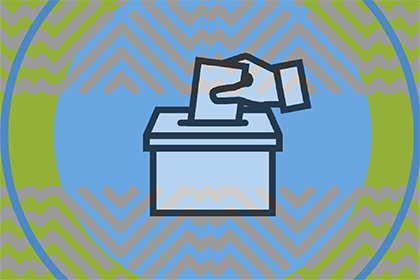 Illustration of a hand inserting a ballot into a ballot box