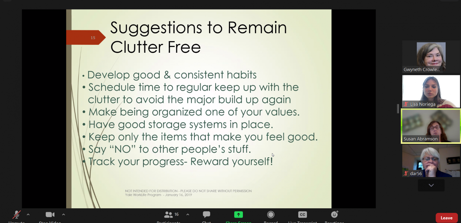 Screenshot from webinar on Less Clutter = Less Stress