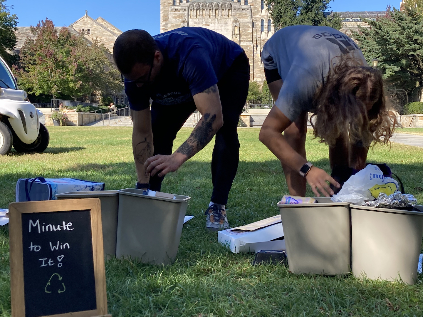Yale students play a recycling game on Cross Campus
