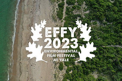 A promotional poster for the Environmental Film Festival at Yale, with a photograph of a coastline as background