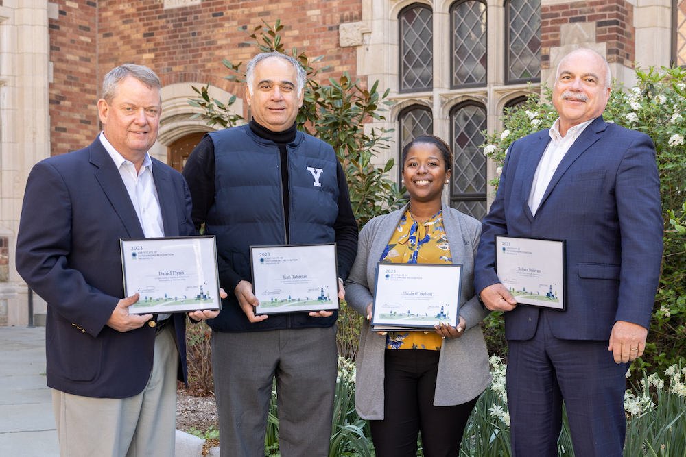 A photo of employees of Yale Hospitality accepting a 2023 Yale Sustainability award
