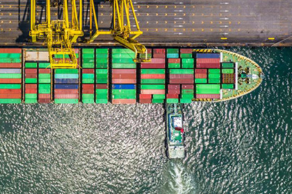 Aerial photo of a container ship being loaded
