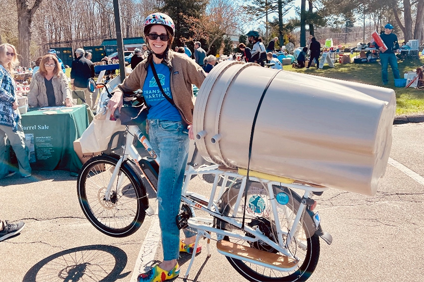 Yale staff member Kate Rozen with her electric-powered cargo bike.