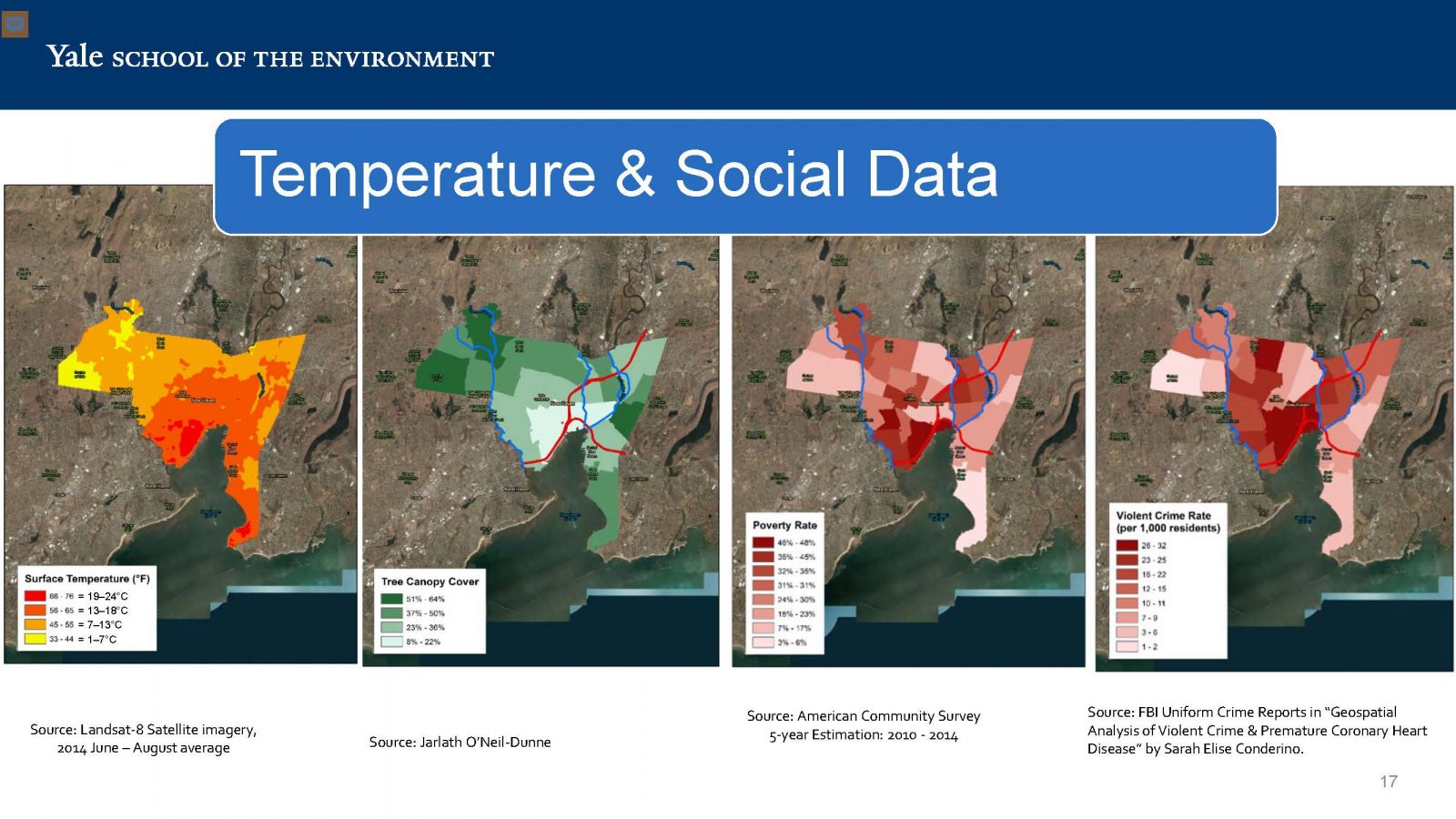 An image of data maps from New Haven, CT showing surface temperatures, tree canopy cover, poverty rates and violent crime rates.