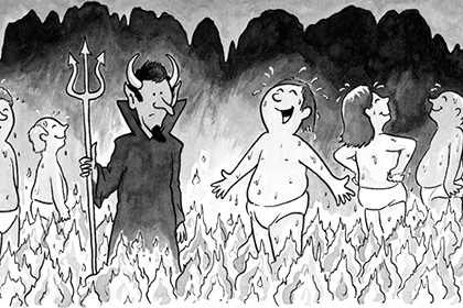 Cartoon of devil holding pitchfork and people laughing in hell