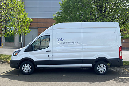 A new Ford Transit electric cargo van owned by Yale Printing &amp; Publishing Services