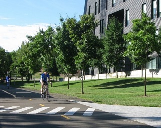 lisa biking next to the Yale Health building