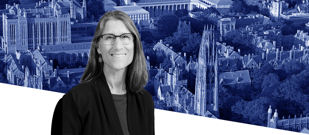 A photo illustration of Ginger Chapman and Yale's campus