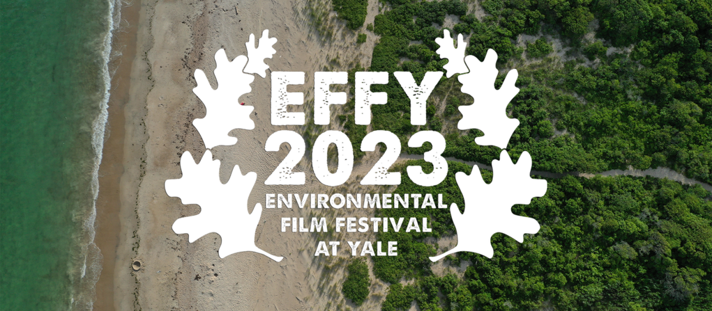 A promotional poster for the Environmental Film Festival at Yale, with a photograph of a coastline as background