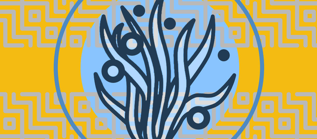 Illustration of an invasive marine plant on a patterned yellow background