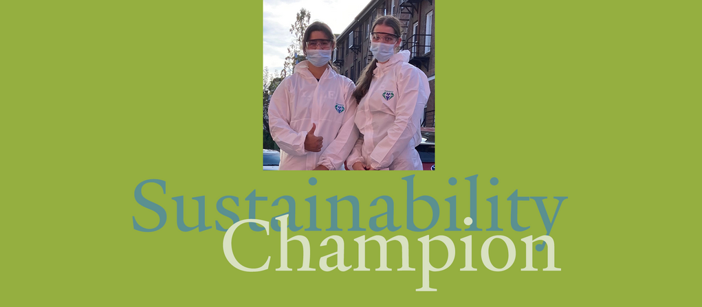 A photo illustration showing two members of the Bulldog Sustainability team wearing protective suits for a "waste audit"