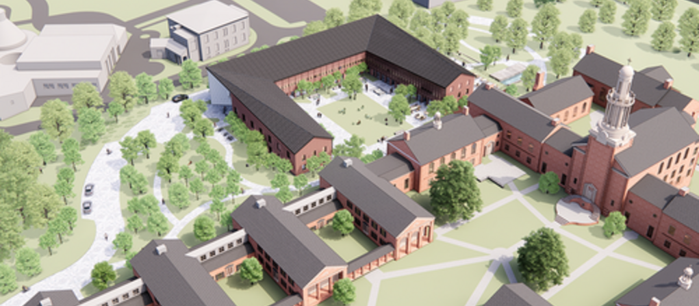 An architect's rendering of the Yale Divinity School quadrangle and planned Living Building project