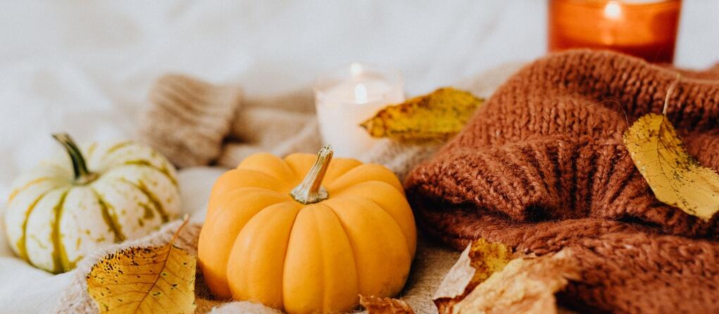 pumpkins and scarf on a table