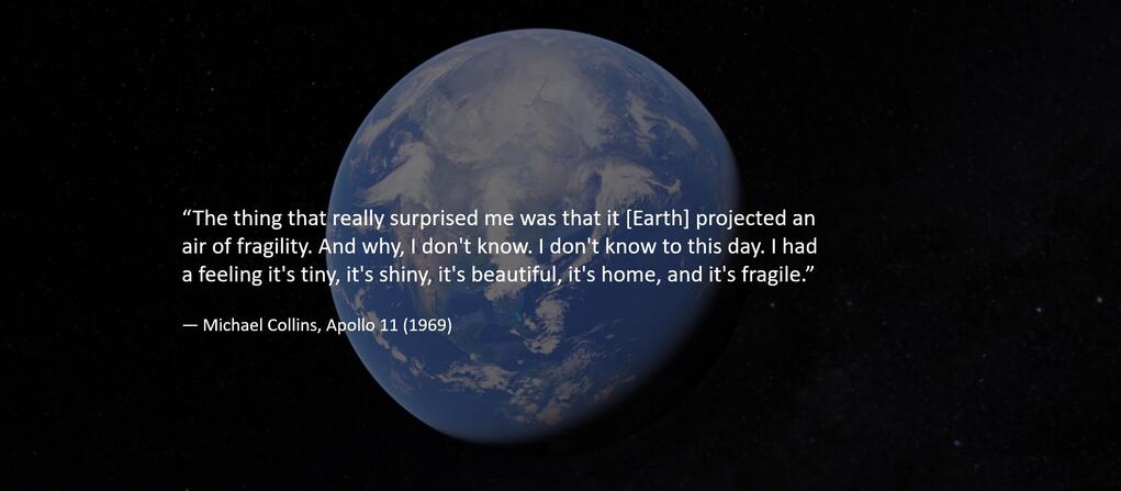 Image: Google, SIO, NOAA, US Navy, NGA, GEBCO, Landsat / Copernicus, IBCAO, US Geological Survey Photograph of Planet Earth with Michael Collins quotation