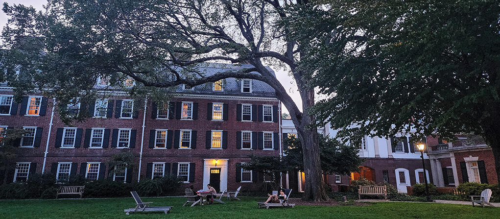A Yale campus courtyard at dusk in early fall
