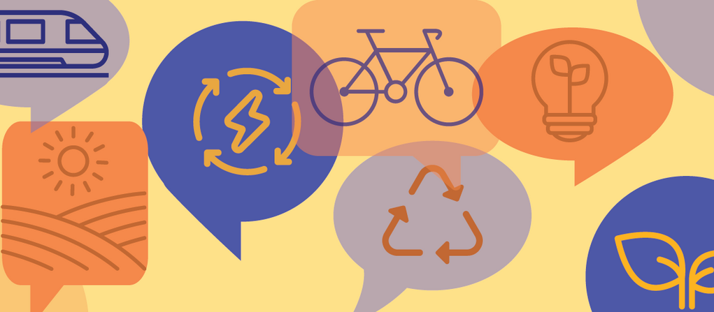 An illustration showing speech bubbles containing icons representing cycling, trains, renewable power and plants