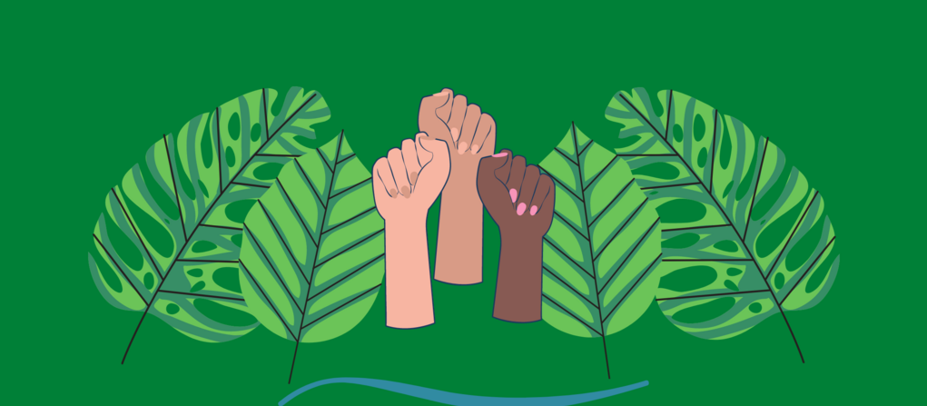 illustration of fists in the air alongside leaves