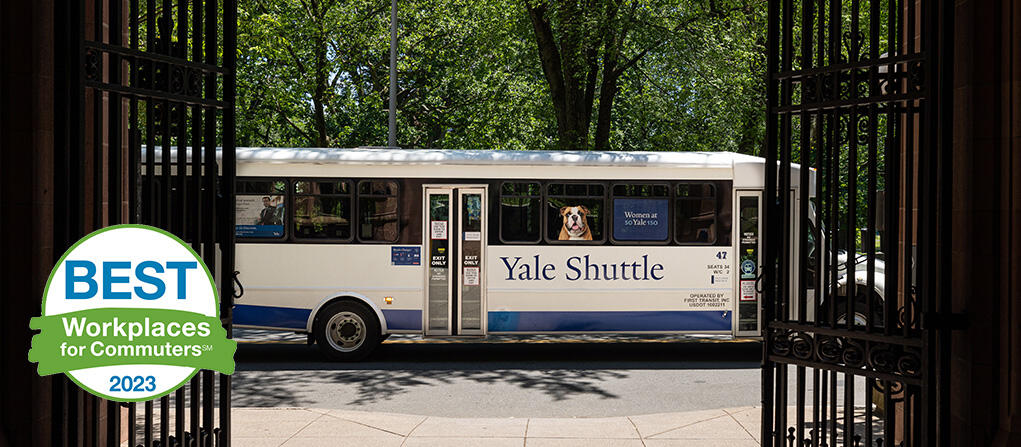 An image of the Yale Shuttle with the logo for the 2023 Best Workplaces for Commuters recognition