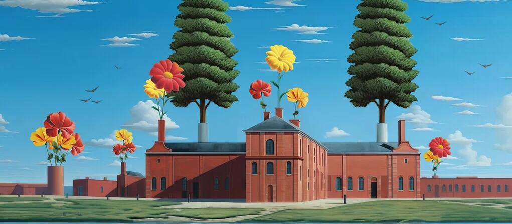 Illustration of a factory with trees sprouting out of it