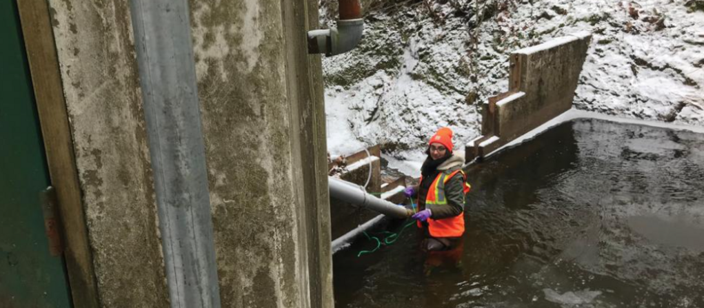 A photo of a Yale School of the Environment student collecting a water sample