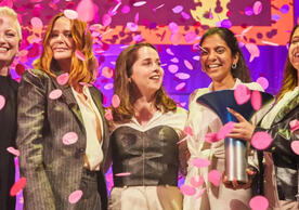 Photo of Yale student team with Hult Prize Foundation CEO Lori Van Dam and Stella McCartney