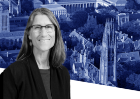 A photo illustration of Ginger Chapman and Yale's campus
