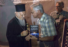 Rev. Jim Antal ’78 M.Div. presenting his book to Ecumenical Patriarch Bartholomew