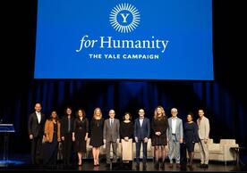 A photo of speakers from the New York City event held by For Humanity: The Yale Campaign