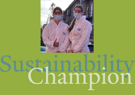 A photo illustration showing two members of the Bulldog Sustainability team wearing protective suits for a "waste audit"