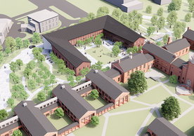 An architect's rendering of the Yale Divinity School quadrangle and planned Living Building project