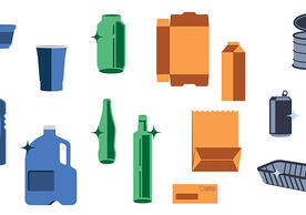 Illustration of common recycling items made of plastic, paper and metal