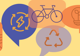 An illustration showing speech bubbles containing icons representing cycling, trains, renewable power and plants