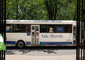 An image of the Yale Shuttle with the logo for the 2023 Best Workplaces for Commuters recognition