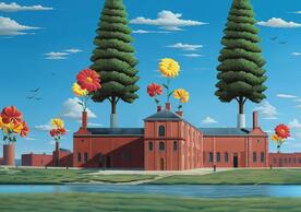 Illustration of a factory with trees sprouting out of it